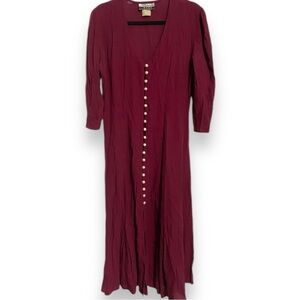 Vintage Maroon Button Up Dress Pearl Buttons 3/4 Over the Elbow Sleeves Size 3/4